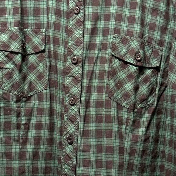 Torrid women’s size 3 (3X) green plaid cotton long roll tab sleeves button top - Picture 2 of 7